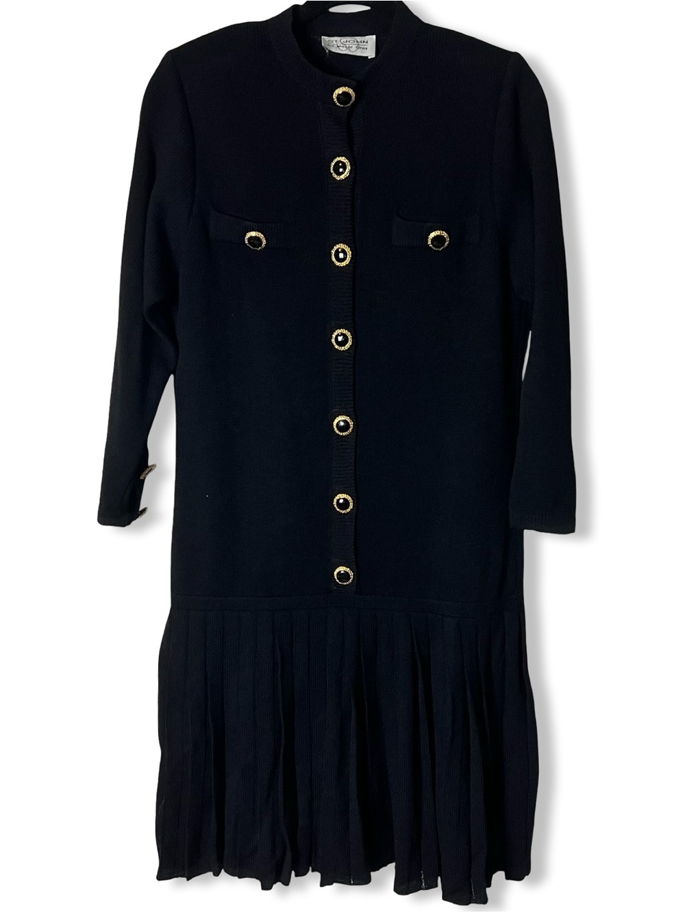 St John By Marie Gray Womens Vtg Black Knit Drop Waist Pleated Dress Gold Button